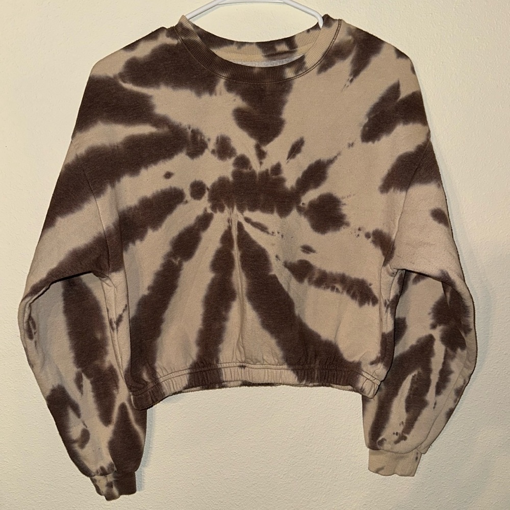 C’EST TOI Tie Dye Cropped Crew Neck Sweatshirt Brown and Cream Womens Size M